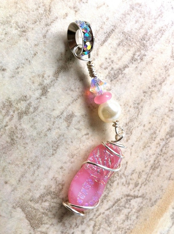 Long Carnation Pink  Dichroic Bead Wirewrapped Pendant