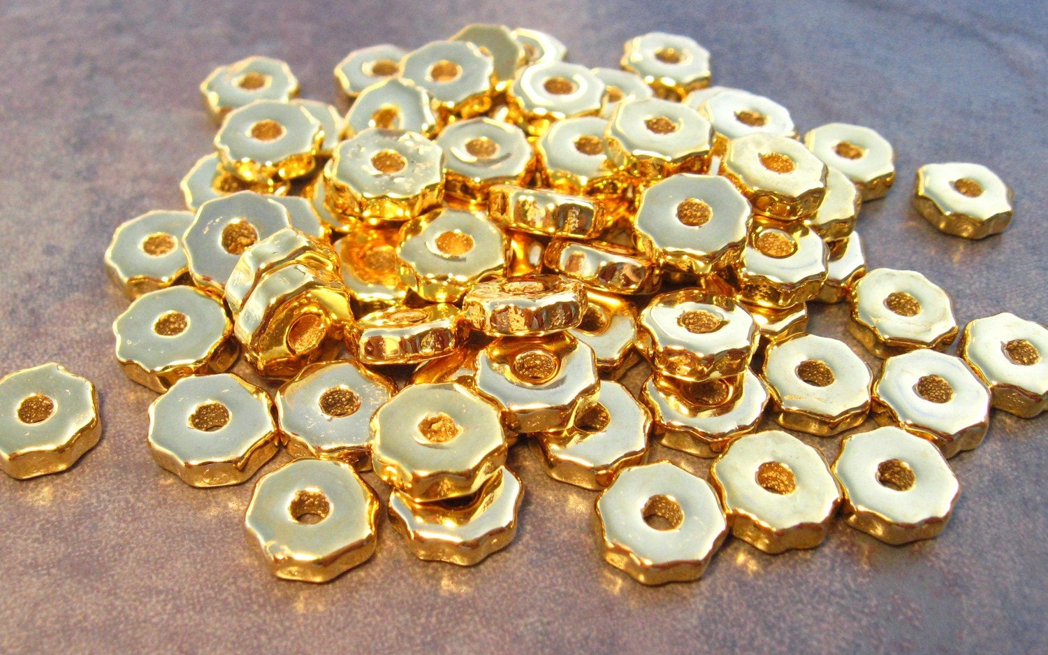 Mykonos Greek Ceramic Beads 20 GOLD TINY GEARS Metalized Beads - 6mm