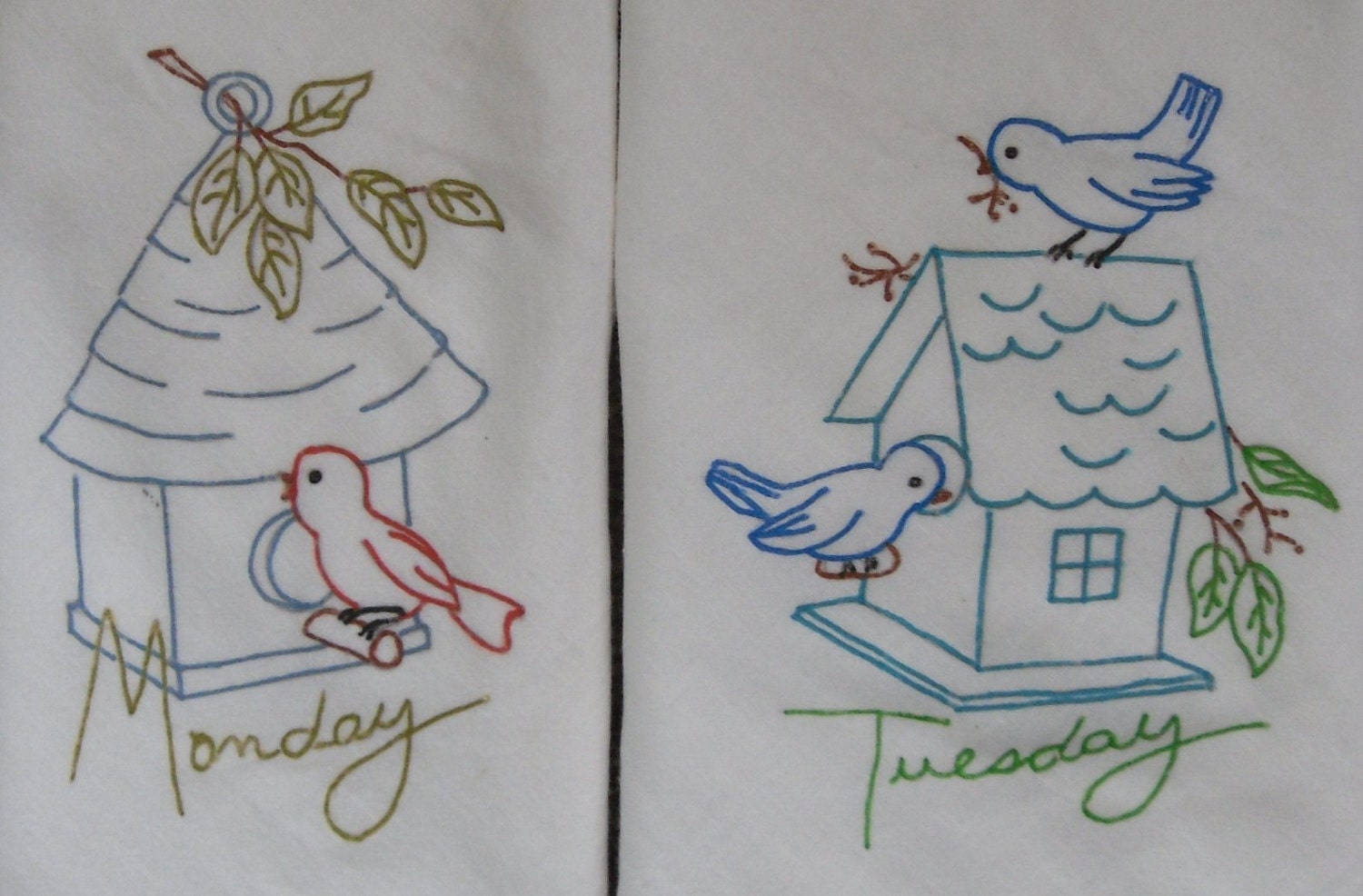 7 Vintage Print Liquid Embroidered Birdhouse Flour Sack Dishtowels