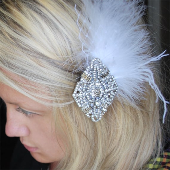 Tania Art Deco Bridal hair piece Veil clip Vintage inspired rhinestone