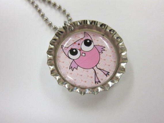Bottle Cap Necklace on Ball Chain - Pink Owl