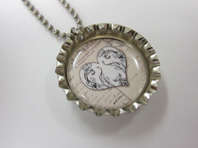 Bottlecap Necklace - Heart on Text Print