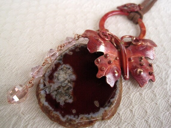 Charm Copper Butterfly Talisman Necklace Fantasy Suede Cord Long Length