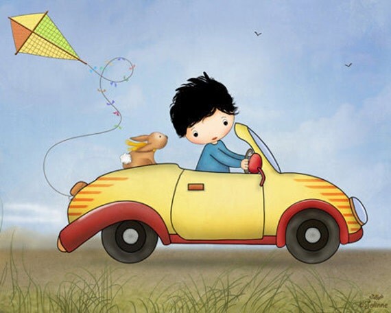 Boys room decor, nursery art print, digital art poster kids wall art car bunny cute illustration