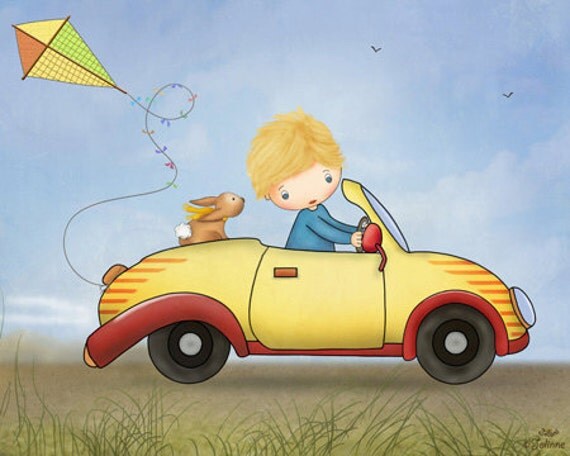 Boys art prints, kids room decor, children wall art, nursery wall art, boy, bunny, yellow car, original illustration