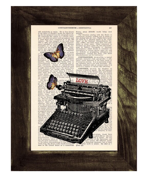 Upcycled Dictionary Page Upcycled Book Art Upcycled Print Upcycled Book Print Vintage Art Lovers typewritter with butterflies customizable