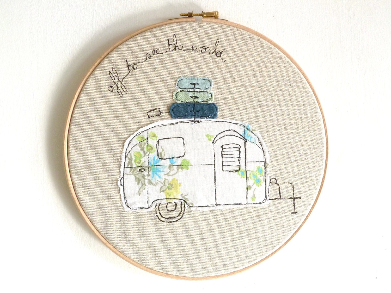Embroidered Hoop Art - Airstream Bambi Textile Artwork in blue and green - Large 10" hoop