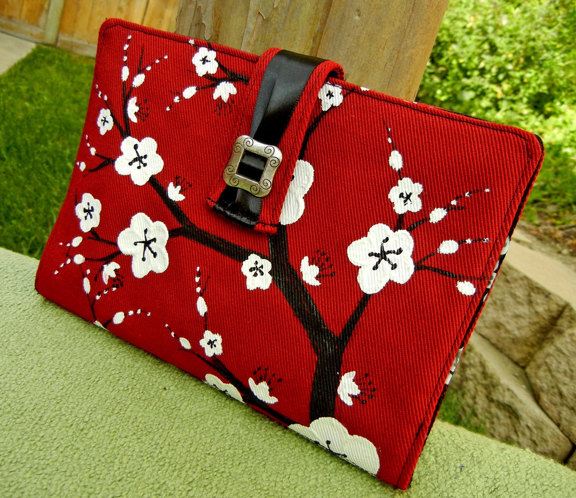 Kindle Fire Cover, Nook Cover, e-reader Cover-Red and Black Padded Book Style Cover Hand Painted with Cherry Blossoms