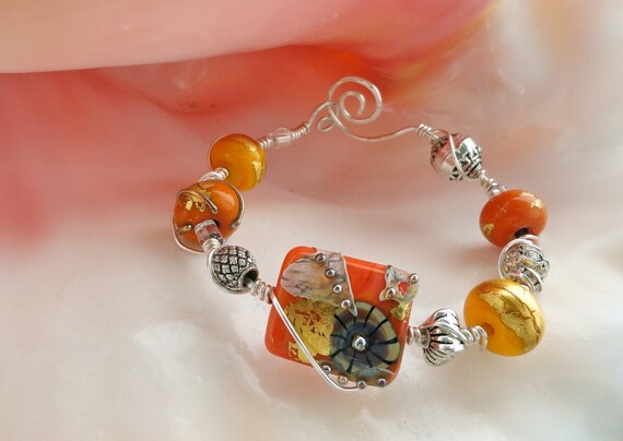 Debbie Sanders Signature Persimmon Coral Orange and Yellow Lamp work Bead  Wire Wrapped Bracelet