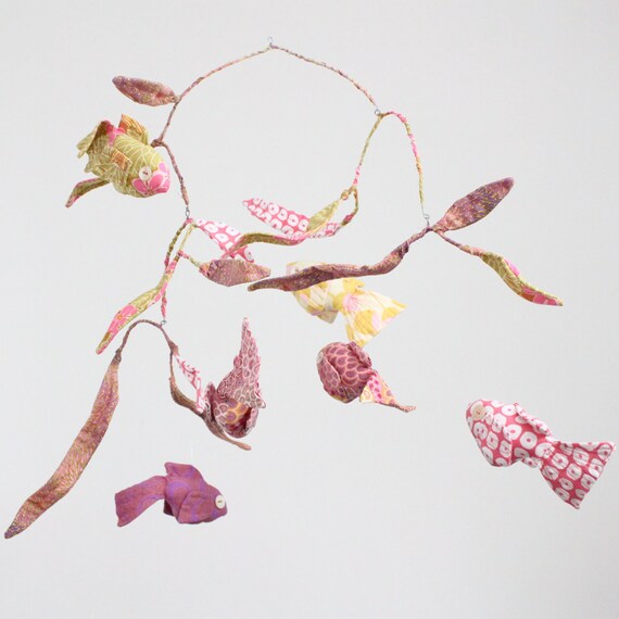Fish Mobile - 6 Goldfish Swim Merrily Along - fabric mobile in peppermint pink, lilac, gold and a touch of green