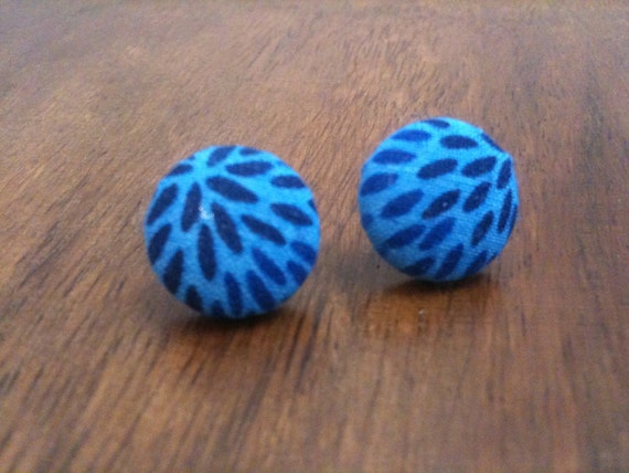 Blue Patterened Fabric Covered Button Earrings