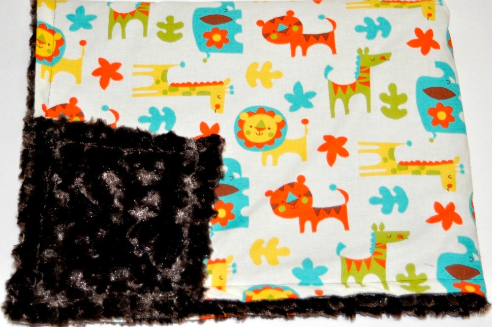 Retro Jungle Toss Chocolate Brown Swirl MInky Baby Blanket Lovey Lions Tigers Giraffes Elephants
