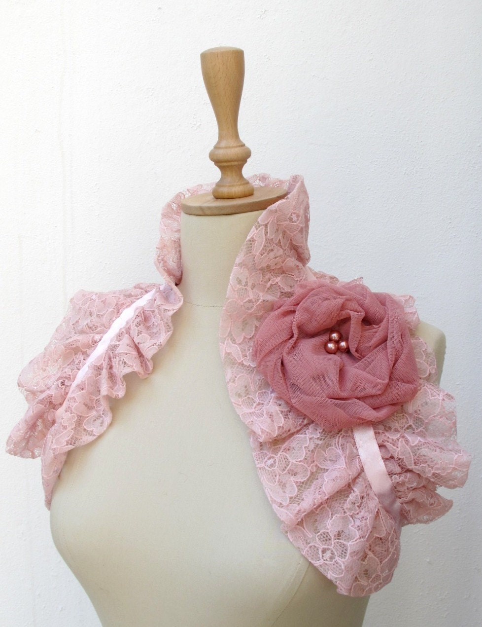 Dusty Pink Lace Shoulder Wrap Bridal Bridesmaids Ruffle Bolero Wedding Shrug