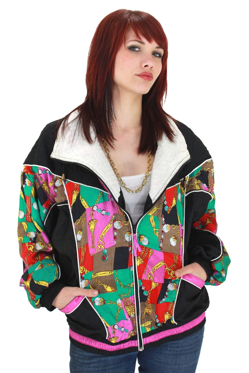 90s Neon Windbreaker Gold Chain Jacket Hip Hop 1990s Vintage Quilted Details Pucci Scarf Chain Print L XL Large XLarge