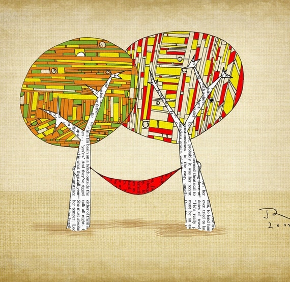 Hippie tree hammock smiling sun Giclee Art Print Limited edition 12''x16'' (A3)by Juri Romanov Orange Optimist