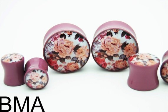 Subdued Mauve Vintage Floral BMA Plugs 1 1/2" 38mm