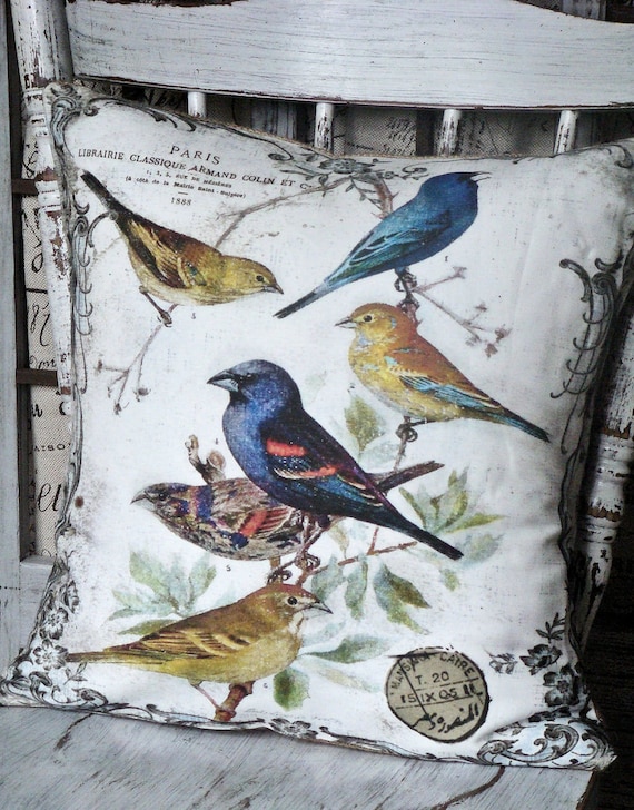 Pillow Cover..The Aviary...Vintage Bird throw Pillow cotton and burlap pillows Cover