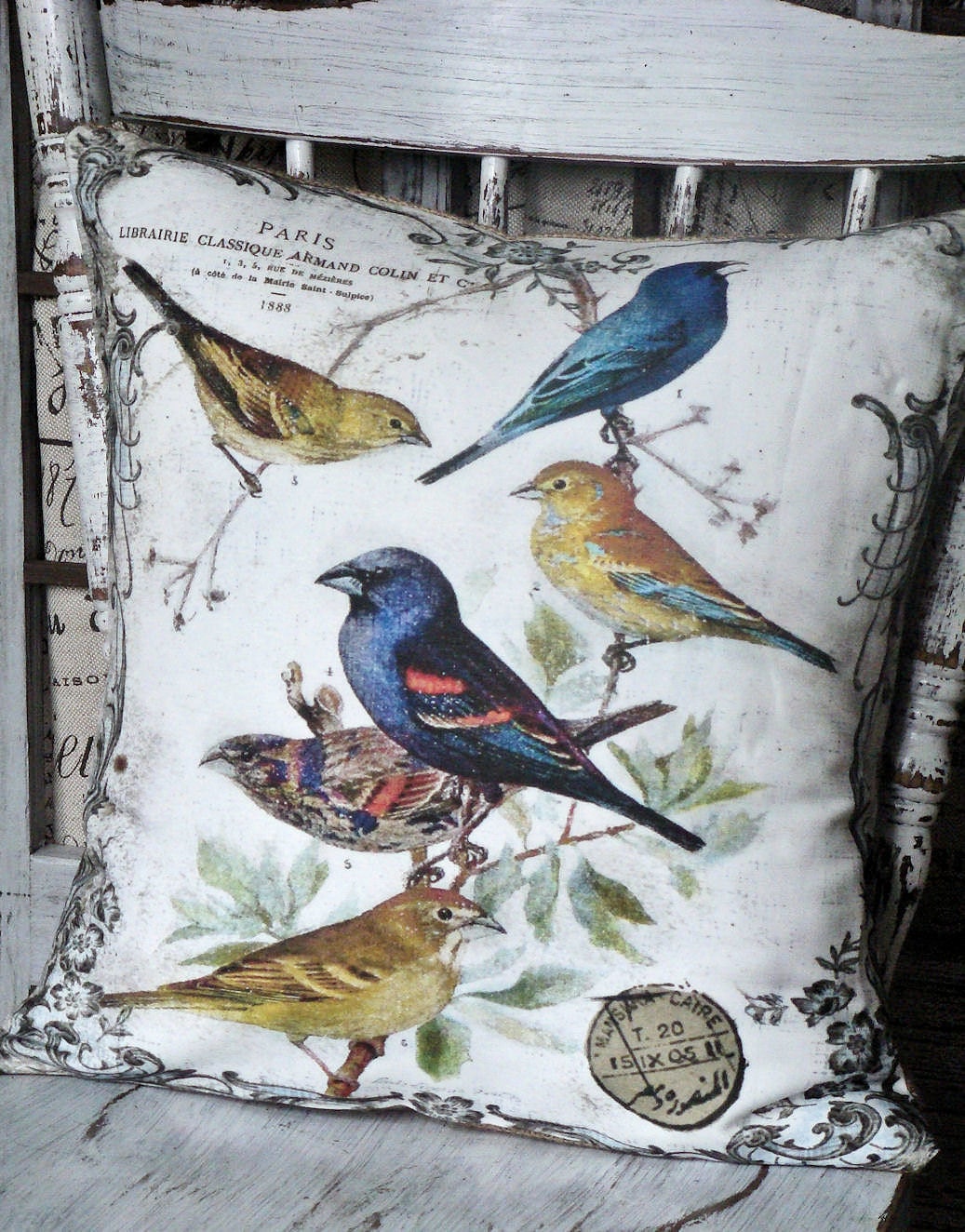 Pillow Cover..The Aviary...Vintage Bird throw Pillow cotton and burlap pillows Cover