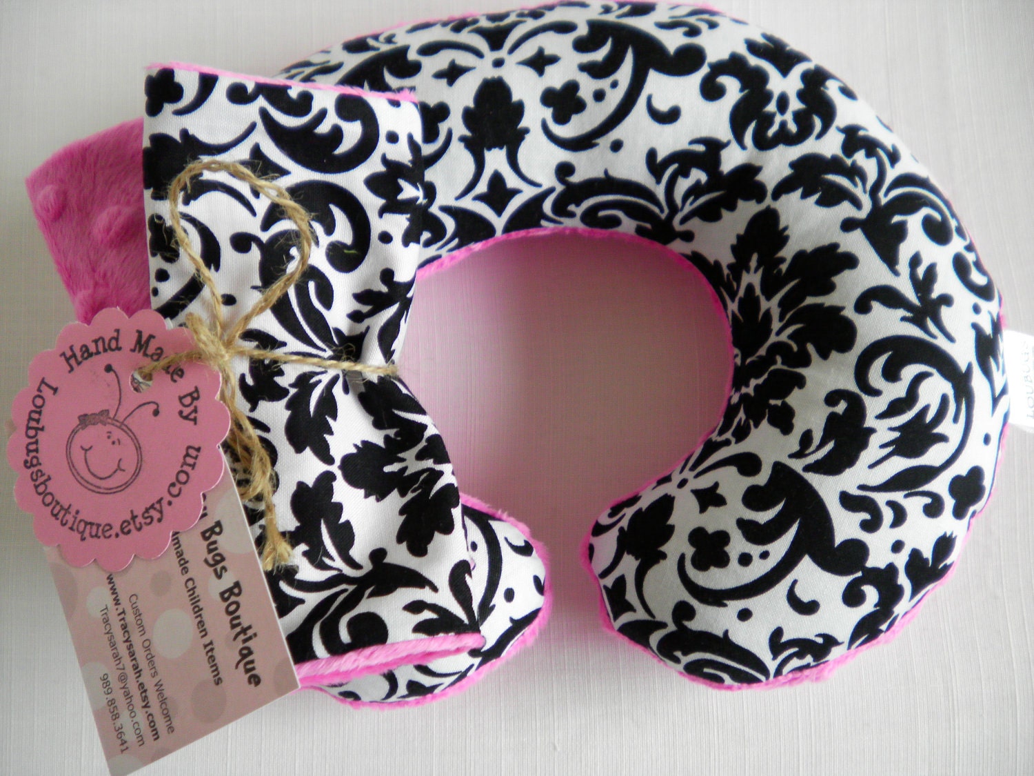 Black Damask with Hot Pink Minky  Baby Toddler Childrens Neck Travel Pillow with matching Car Seat Strap Covers