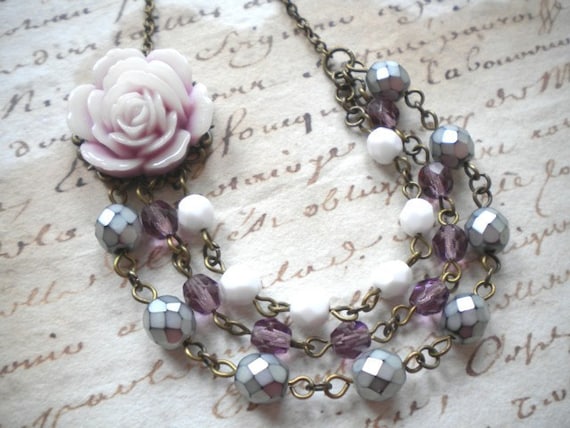 Lilac white rose flower cabochon cameo czech glass necklace