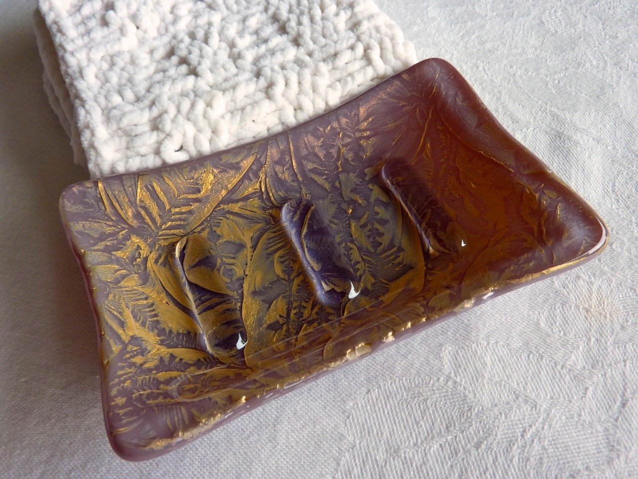 Glass Soap Dish in Plum and Gold