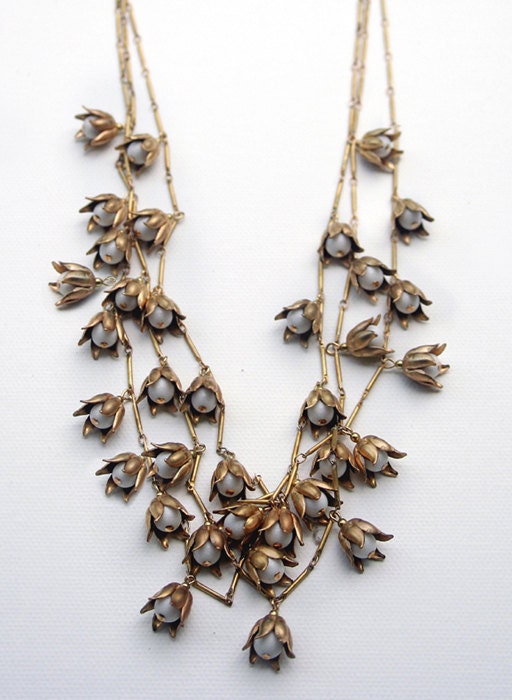 Gold LILY of the VALLEY FLORAL charm necklace. Multi chain statement necklace. Gold flower necklace with leather strap. Bridal