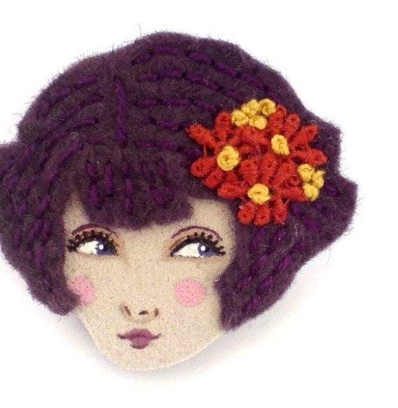 Embroidered felt brooch - Lily, Twenties fliratious flapper, Autumn, deep purple, rust red, woman face