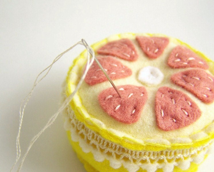 Felt Fruit Pincushion Embroidered Pink Grapefruit