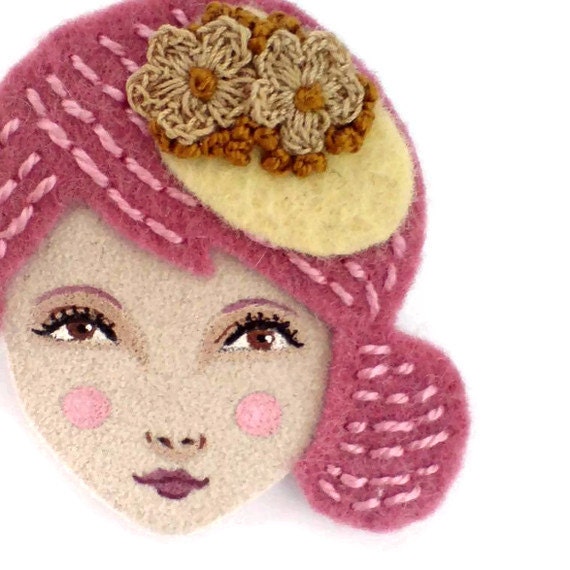 Embroidered felt brooch - Anna, 1940s elegant girl, rose, antique brown, woman face