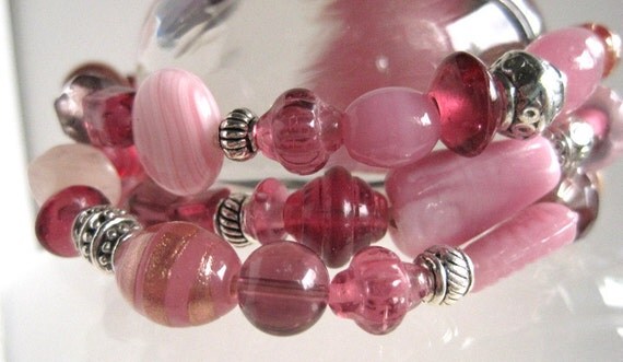 Glass Bracelet Set of Three Pink Cranberry Stretch