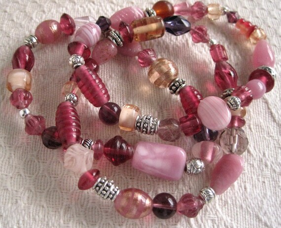 Glass Bracelet Set of Three Pink Cranberry Stretch