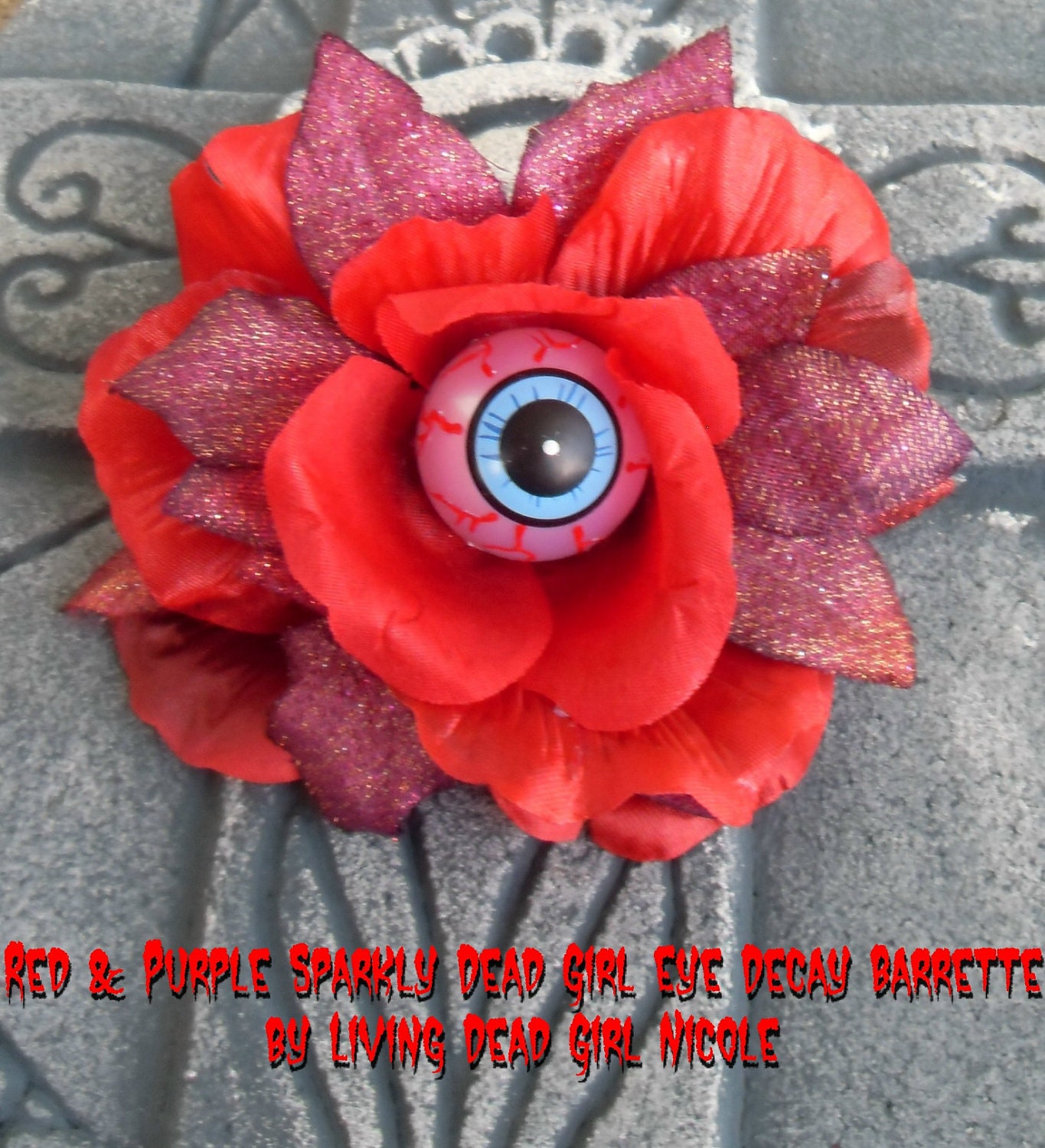 Dead Girl Decay Red and Purple Sparkly Eyeball Flower Barrette