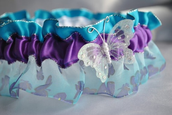 Wedding Garter set beautiful purple butterfly print and blue with 