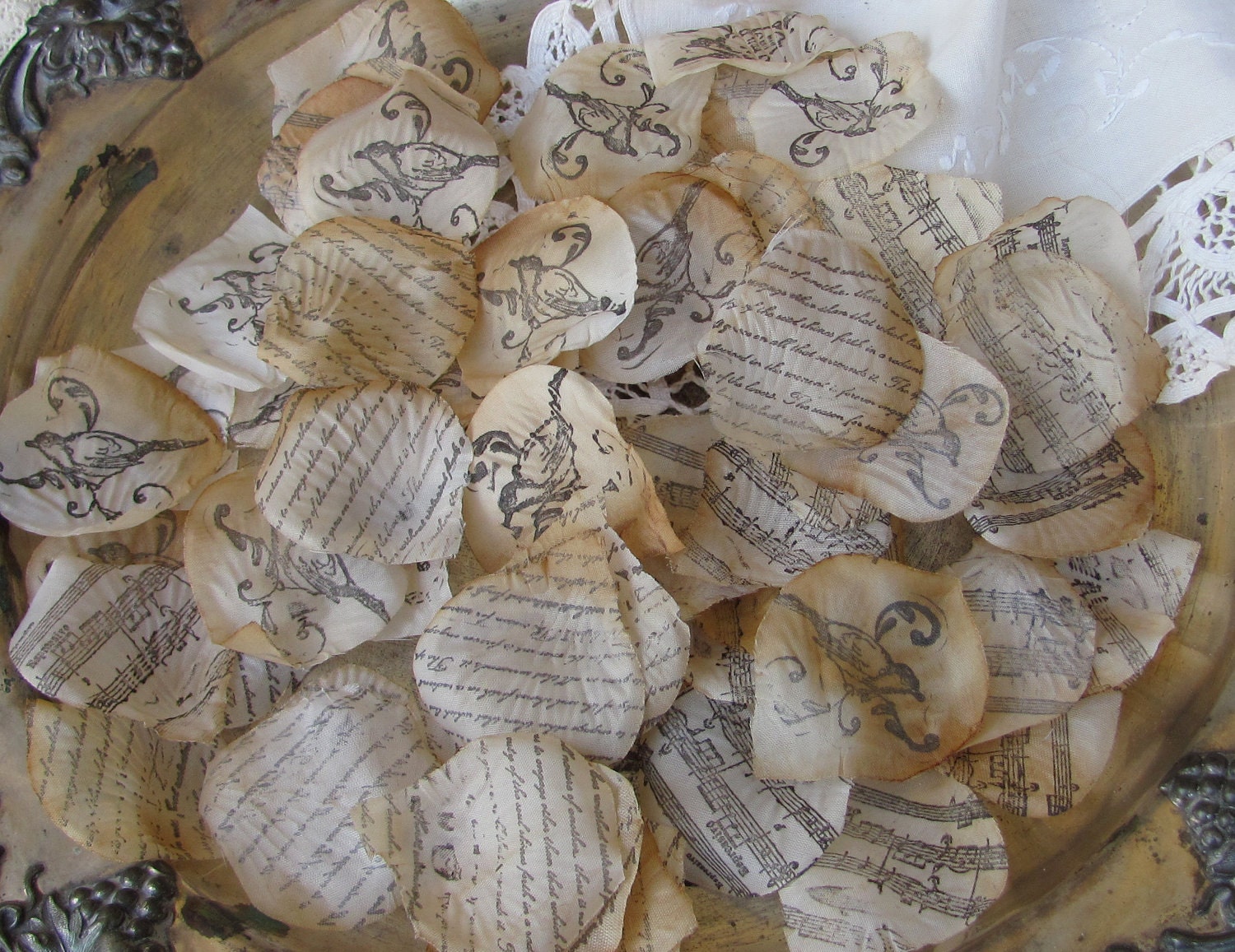 Wedding  Flower Petals  Tea Stained Hand Stamped