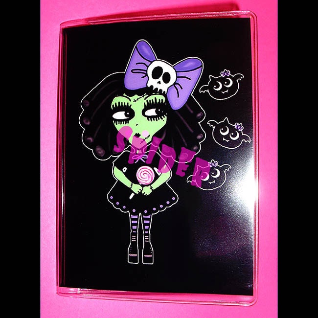 Frankenstein Dolly with her Lollipop and Baby Bats  Vinyl Id Holder Debit Card Case Spooky Monster Girl