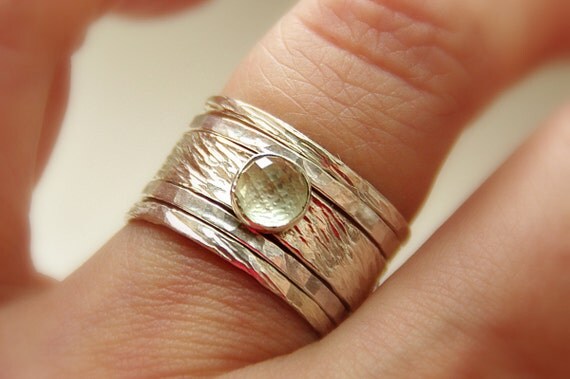 Hannah' unique rustic, earthy, distressed ring: green amethyst & sterling silver stackable / stack rings. Amythest ring