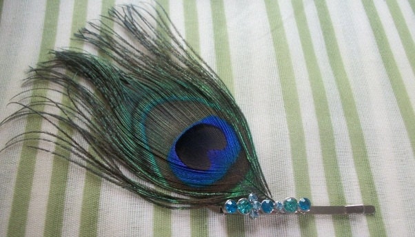 Peacock Feather Hair Pin With Turquoise Rhinestones
