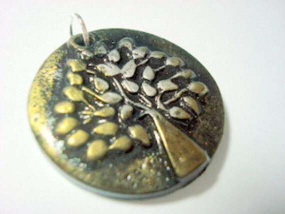 Black Silver and Gold Triangle Tree of Life Handmade Polymer Clay Pendant