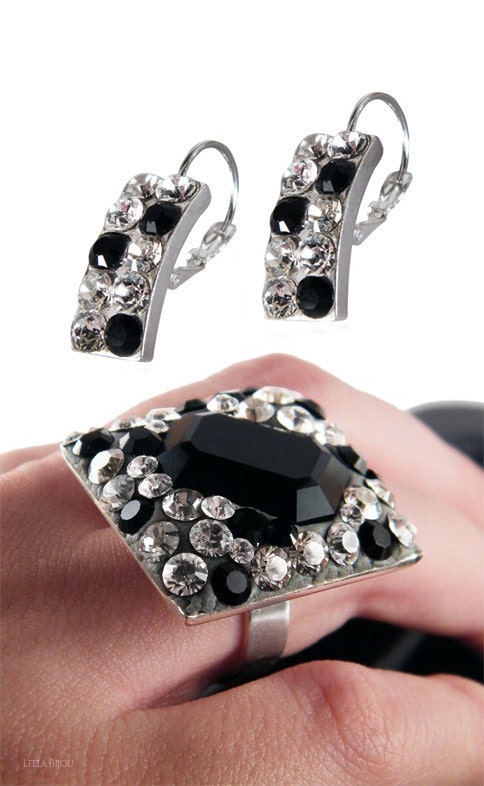 Set Ring Earrings Black White Gray Swarovski Crystal Sterling Silver