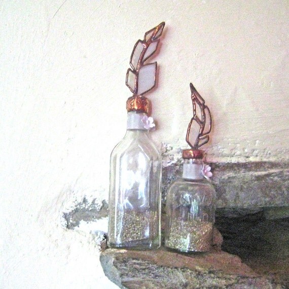 From The Alchemists Shelf - 2 stained glass feather topped vintage bottles