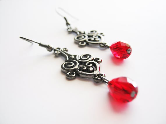 Vampire True Blood Twilight Inspired Pewter Earrings with Red Swarovski Crystals