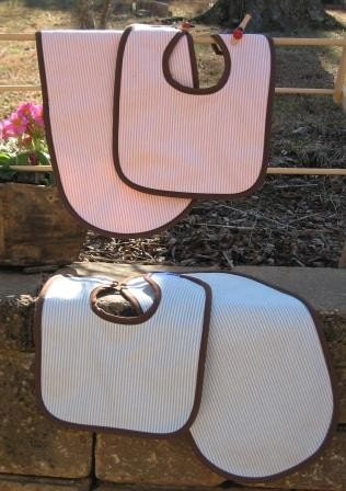 Personalized / Monogrammed Bib and Burp -- Hampton Stripe Pink and Blue with Natural Trim