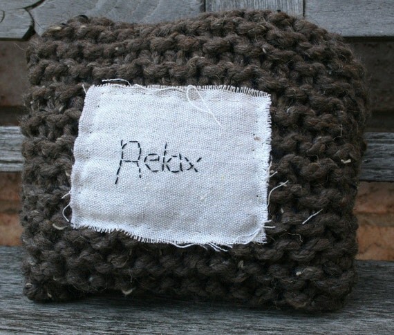 Mini Handknit Pillow with word RELAX in Barley