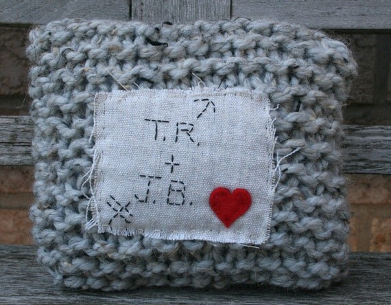 Handknit Pillow with Sweetheart Initials in Marble Grey...anniversary gift, wedding gift, home decor