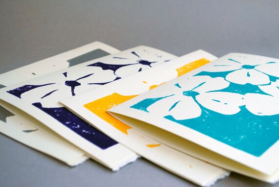 Dogwoods Blank Notecards - Set of Four Linocut Cards - 5 x 7 inches - Choice of Colors
