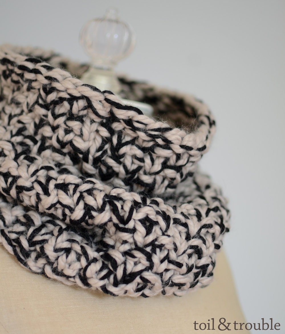 The Tweed Cowl - Handknit Chunky Neckwarmer - Linen and Black