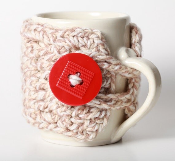 Tan Biscuit Latte Coffee Mug Cozy Travel Mug Sleeve with Red Button