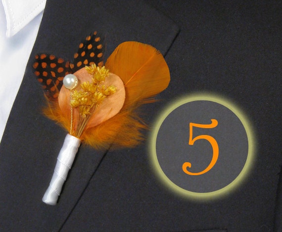 5 Boutonnieres feather orange rustic wedding boutineers whimsical feathers 