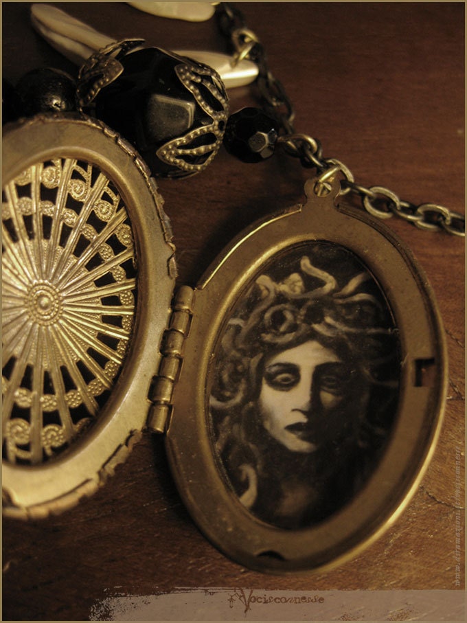 Medusa illustrated locket necklace with mother of pearl labradorite onyx - illustrated jewelry