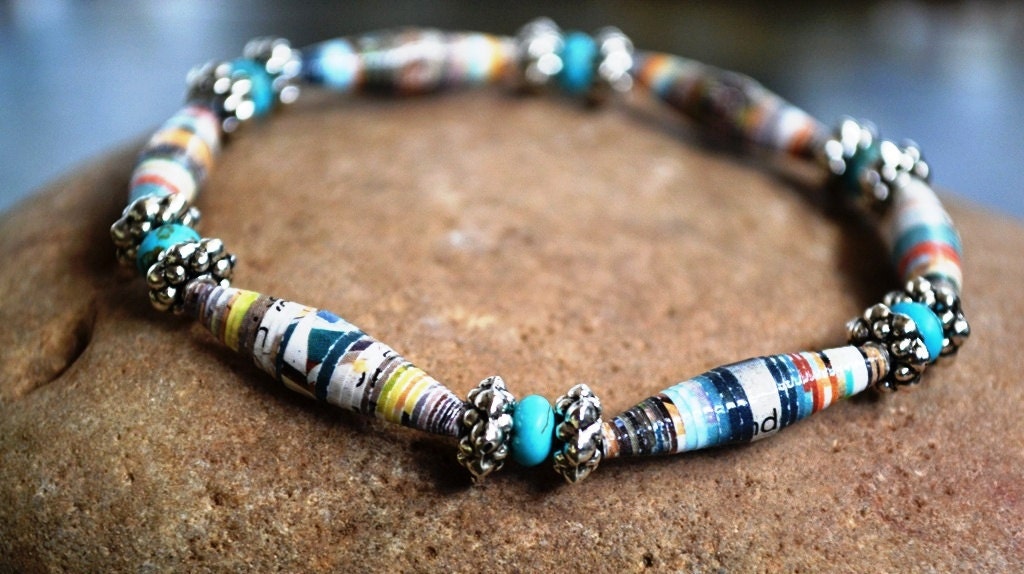 Paper Bead and Turquoise Stretch Bracelet